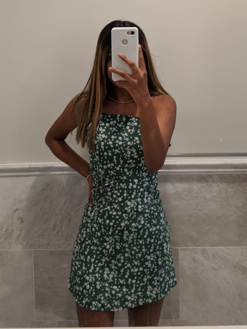 green floral mini dress, tied string sleeve